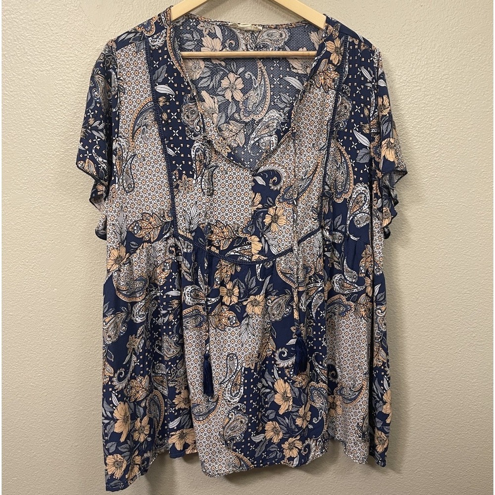 Aveology Floral Paisley Peasant Top Tassels Short Sleeves Navy Boho Size‎ 22/24